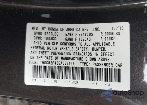 2016 Honda Accord Lx from USA, damaged, VIN 1HGCR2F43GA058165